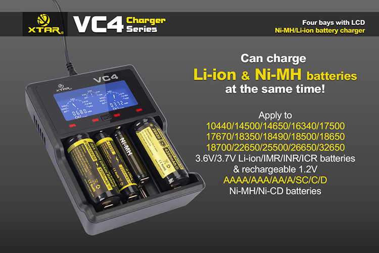 Xtar USB 4 Baie Chargeur pour Li-ION/Ni-MH VC4 0,5 A/1 A 