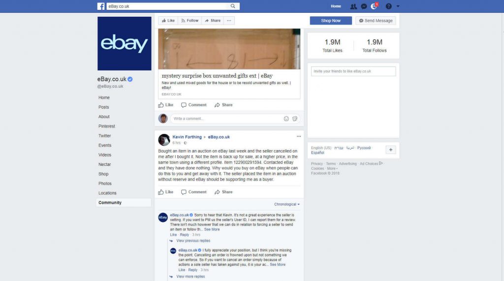 eBay uk customer service on Facebook example