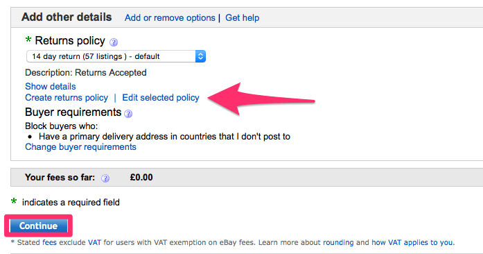 edit selected ebay return policy